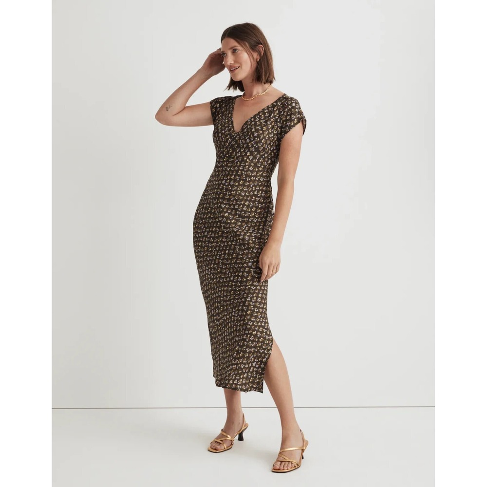 Madewell Womens Wide V-Neck‎ Midi Dress in Expedition Green Size 0